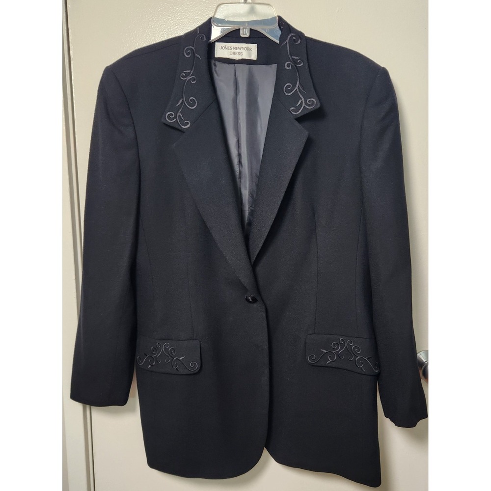 Jones New York Black Wool Blazer Jacket Embroidered Vtg Lrg XL Boxy Boyfriend